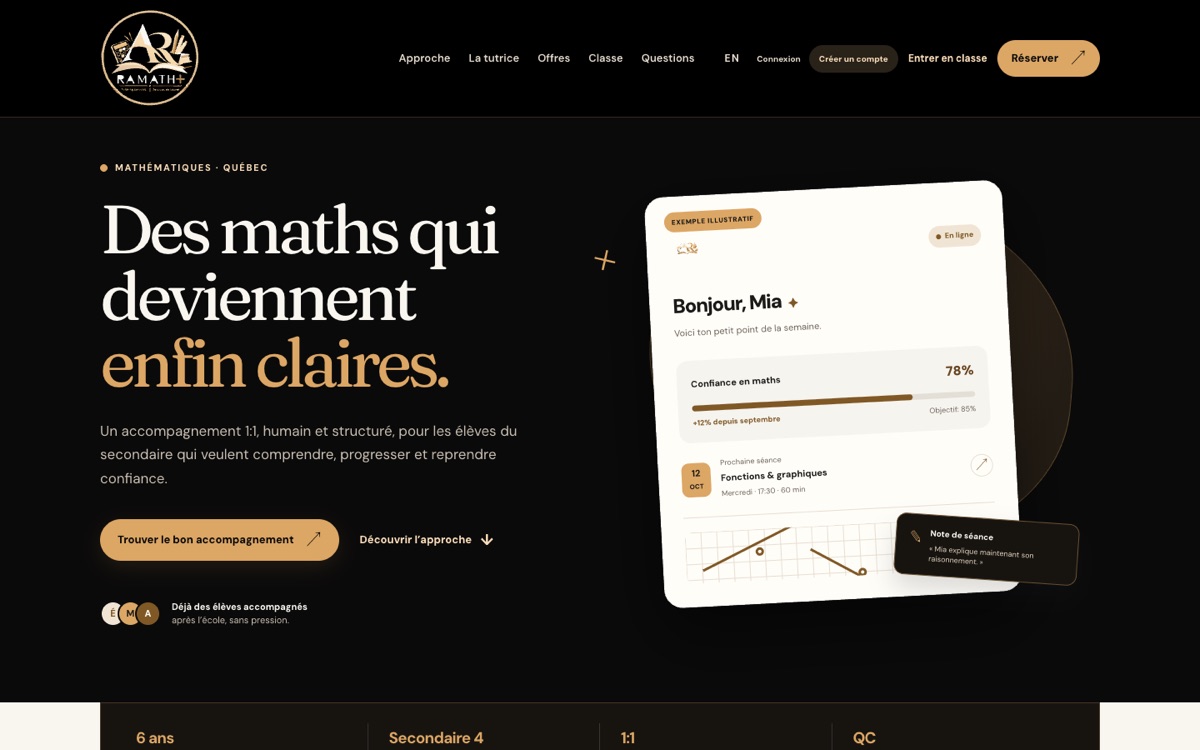 Page d'accueil française de Ramath+, plateforme de tutorat en mathématiques